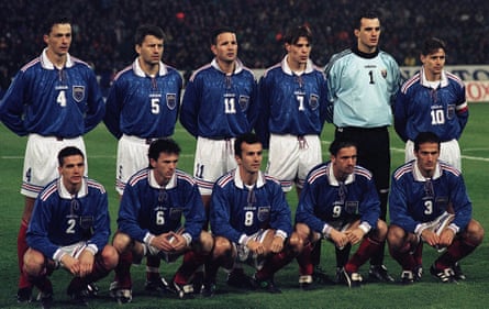 The Yugoslavia team line up before their return leg against Hungary in 1997.