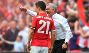   José Mourinho makes a point in the middle of Ander Herrera in the FA Cup semi-final against Tottenham in April 