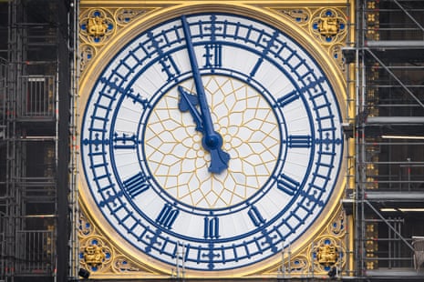 The restored hands of the clock on Elizabeth Tower are seen in their original Prussian blue after restoration