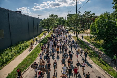 People march in the street during a demonstration on June 25, 2020 in Minneapolis, Minnesota.