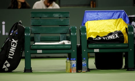 The Ukraine flag is displayed at the Indian Wells tournament earlier this year