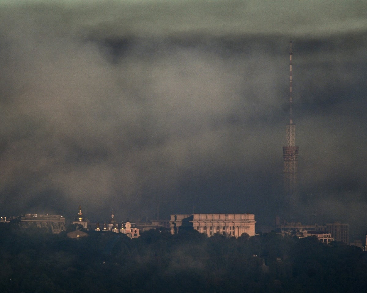 Smoke rises above the Ukrainian Ministry of Foreign Affairs, St. Michael's Golden-Domed Monastery and St. Andrew's Church following an air attack on Kyiv.