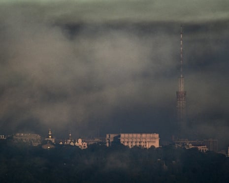 Smoke rises above the Ukrainian Ministry of Foreign Affairs, St. Michael's Golden-Domed Monastery and St. Andrew's Church following an air attack on Kyiv.