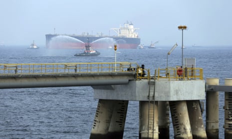 Oil tanker approaches the oil facility in Fujairah, United Arab Emirates