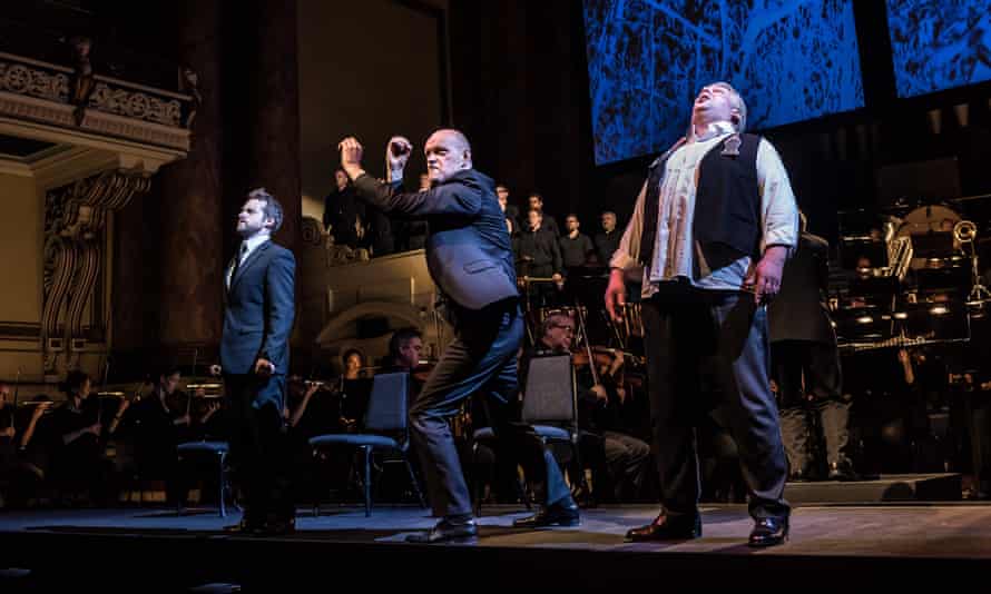 Opera North’s semi-staged Ring Cycle with Andrew Foster-Williams (Gunther); Mats Almgren (Hagen) and Mati Turi (Siegfried)