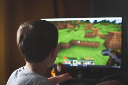 A boy plays minecraft.