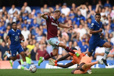 Jarrod Bowen of West Ham makes contact with Chelsea’s goalkeeper, Édouard Mendy, leading VAR to rule out an equaliser by Maxwel Cornet in the 90th minute