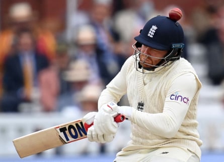 A ball bowled by India’s Ishant Sharma bounces off of the helmet of England’s Jonny Bairstow at Lord’s in August 2021.