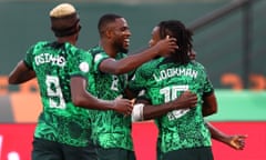 Ademola Lookman celebrates scoring opening goal for Nigeria.