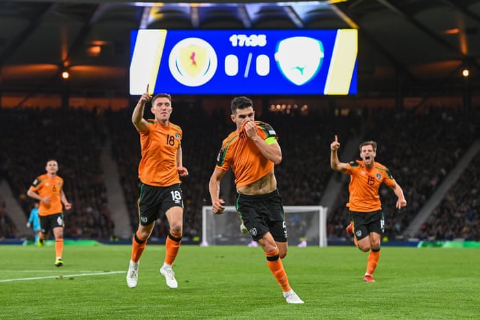 Ireland's John Egan celebrates after scoring the opening goal.