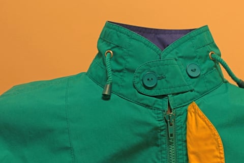 Close up of a green jacket collar.