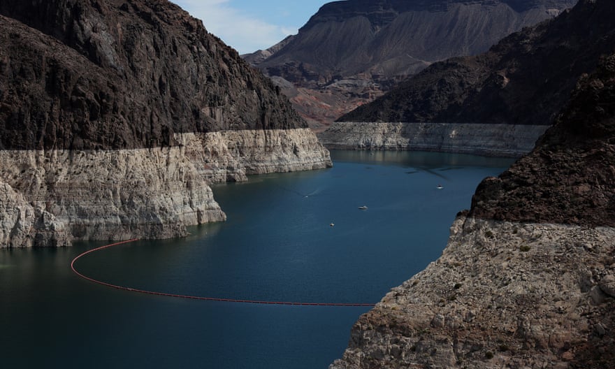 A bleached ‘bathtub ring’ is visible on the banks of Lake Mead near the Hoover Dam in Lake Mead in Arizona.