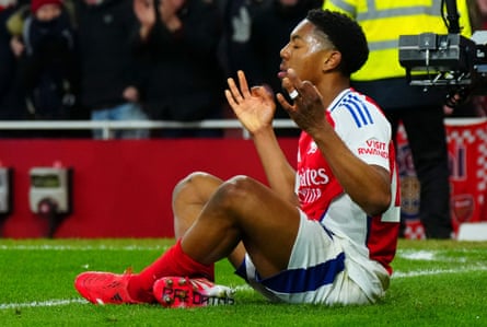 Myles Lewis-Skelly of Arsenal celebrates in ‘Zen’ style after scoring against Manchester City