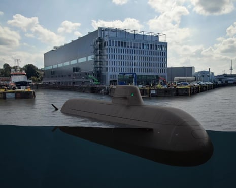 A rendering of a TKMS 212CD submarine leaving a factory port