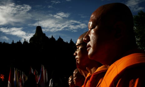 Monks meditate at the Borobudur Mahayana Buddhist in Indonesia