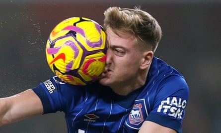 Ipswich’s Liam Delap gets a ball in the face against Arsenal at the Emirates Stadium