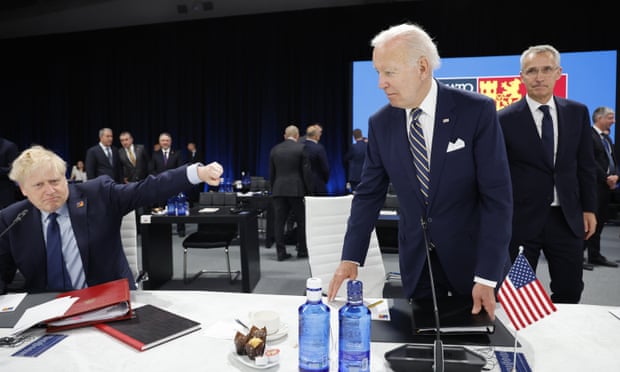 Boris Johnson with Joe Biden and the Nato secretary general Jens Stoltenberg at the Nato summit in Madrid last week.
