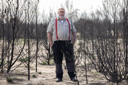 Ecologist Dr Victor Hurley stands among burnt dead cypress pines in Wyperfeld national park