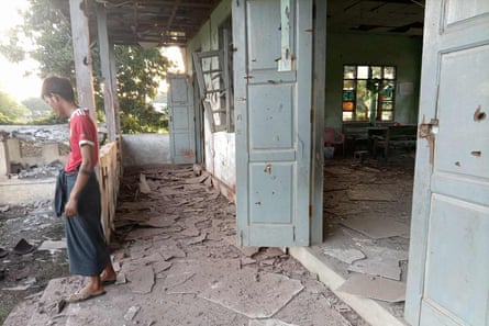 Damage to a building caused by a military strike on a festival event in central Myanmar’s Chaung U township.