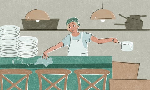 illustration of woman cleaning and cooking in restaurant