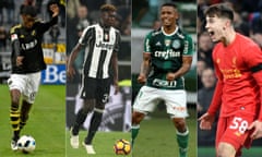 From left to right: Alexander Isak of AIK, Juventus’s Moise Kean, Gabriel Jesus, who is leaving Palmeiras, and Liverpool’s Ben Woodburn