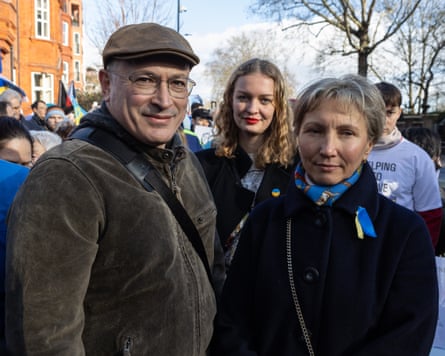 Mikhail Khodorkovsky, Ksenia Maximova and Marina Litvinenko protests against the war in Ukraine outside the Russian embassy in 2023.