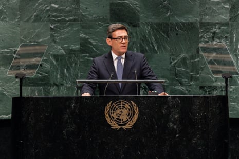 Burnham speaking on stage at the UNGA.