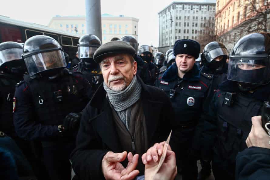 FILE: Human rights activist Lev Ponomarev (C) is surrounded by riot police during a protest against the proposed constitutional amendments outside the offices of Russia’s Federal Security Service (FSB) at Lubyanskaya Square, on 11 March 2020