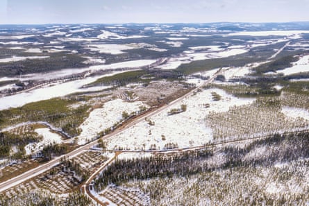 Snowy forested landscape is divided by roads - aerial shot