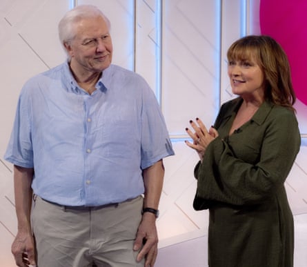 Sir David Attenborough’s Madame Tussauds waxwork with presenter Lorraine Kelly in 2023