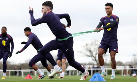Declan Rice and Ollie Watkins during an England training session as they prepare for Tuesday’s friendly against Belgium.