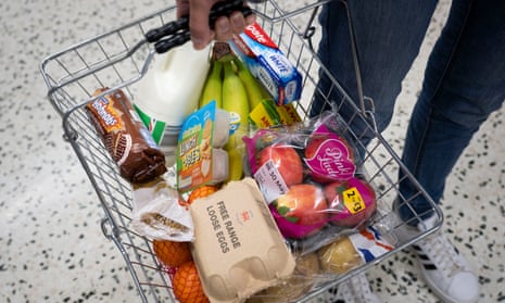 A woman holds a shopping basket of groceries