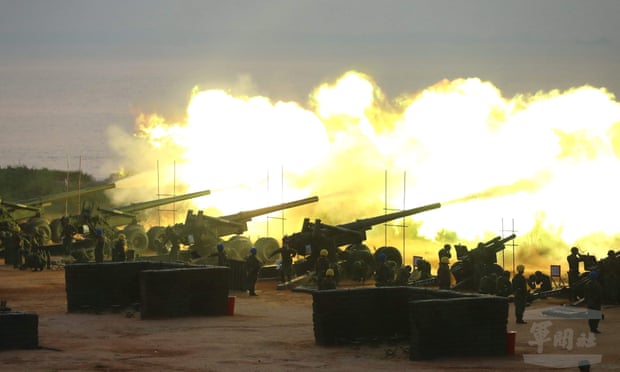 Taiwanese tanks take part in a live-fire drill on Kinmen Island in the Taiwan Strait on 8 September.