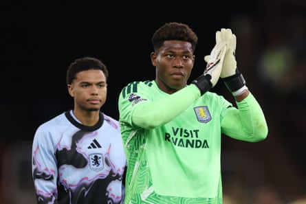 Zion Suzuki, Aston Villa’s new goalkeeper, applauds the home fans after the final whistle