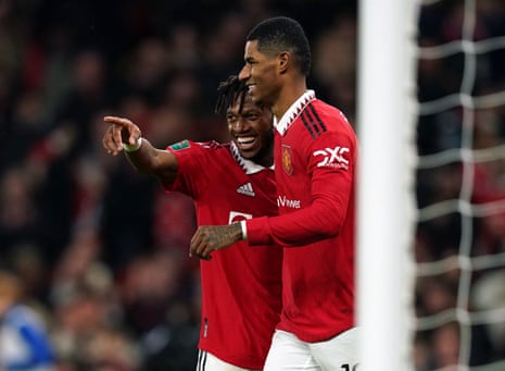 Manchester United's Fred celebrates scoring his sides second goal with Marcus Rashford (right) during the Carabao Cup semi-final, second leg match against Nottingham Forest.