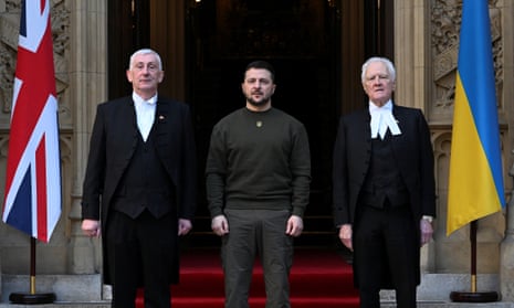 The speaker of the House of Commons, Sir Lindsay Hoyle (left), and speaker of the House of Lords Lord McFall welcome Volodymyr Zelenskiy to parliament on Wednesday.