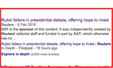 Google search listing reveals sponsorship of Reuters news story. 