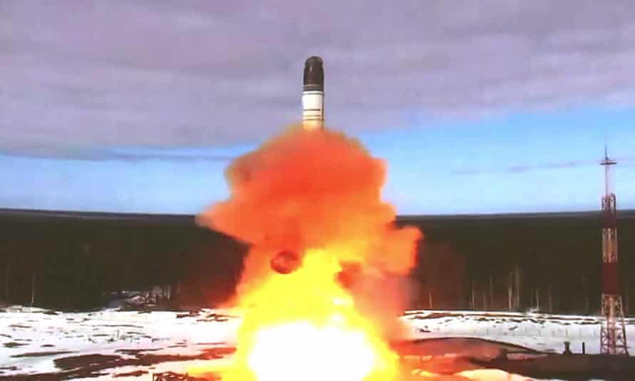 The launching of the Sarmat intercontinental ballistic missile at Plesetsk testing field, Russia.