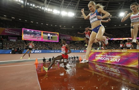 Beatrice Chepkoech’s hope of victory in the 3,000m steeplechase evaporated midway through Friday’s final when she forgot to take the water jump. The Kenyan lost valuable time as she was forced to turn back and then jump over it. She eventually finished in fourth with the USA’s Emma Coburn taking gold