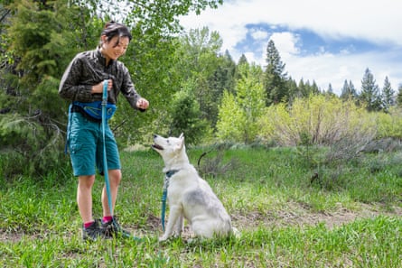 Young woman giving dog a treat while on walk