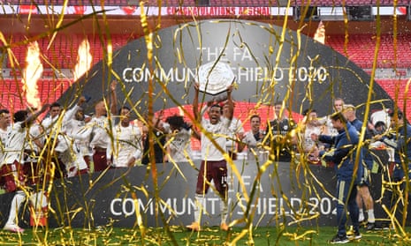 Pierre-Emerick Aubameyang celebrates with the Community Shield