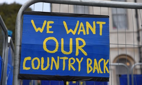 An anti-Brexit sign in EU colours outside the Houses of Parliament