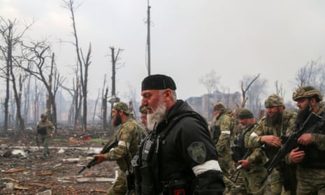 Adam Delimkhanov with Chechen special forces in Mariupol in April.