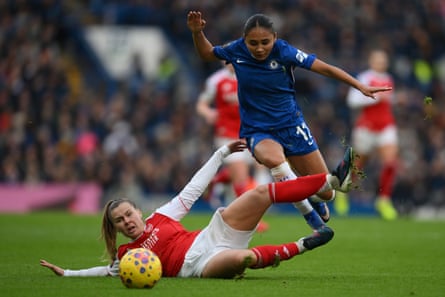 Pelova slides in on Chelsea’s Alyssa Thompson during Arsenal’s 2-0 win at Stamford Bridge in January