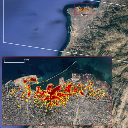 A map created using satellite data shows the extent of likely damage following the huge explosion in Beirut. Dark red pixels represent the most severe damage. Areas in orange are moderately damaged, and areas in yellow are likely to have some damage. Each pixel represents an area of 30 sq m