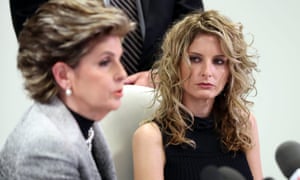 Summer Zervos looks at her attorney Gloria Allred during a press conference where she announced the lawsuit against Donald Trump.