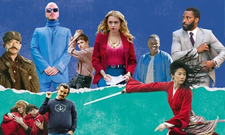 Clockwise from top left: The Eight Hundred; J Balvin; Christine and the Queens; Sex Education; Get Out; Tenet; Mulan; Narcos; Money Heist.