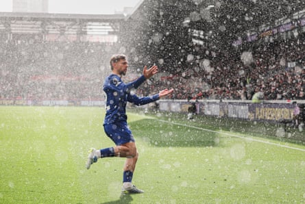 Kiernan Dewsbury-Hall celebrates after scoring against Brentford.