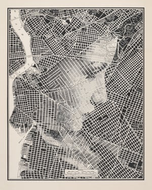 A portrait drawn on a map of Brooklyn, NYC by artist Ed Fairburn.