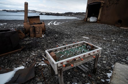 Table football lies discarded alongside largely abandoned Russian oil storage tanks.